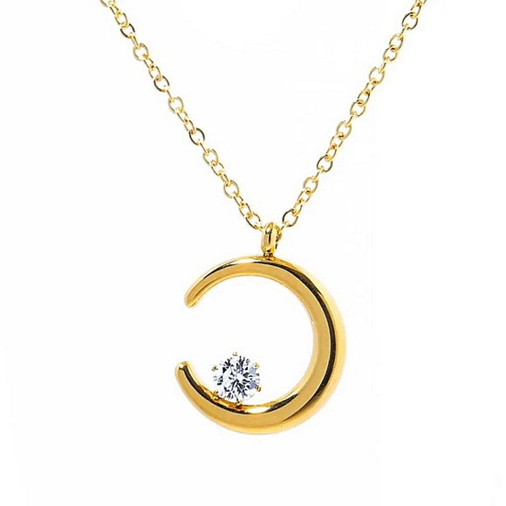 NEW Womens Gold Filled Crescent Moon Pendant Simulated Diamond Necklace, 16-18”